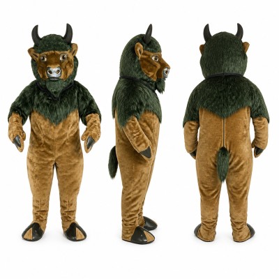 Bull Mascot Costume in Green and Brown with Black Horns Adult