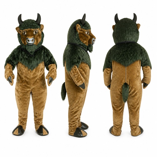 Bull Mascot Costume in Green and Brown with Black Horns Adult