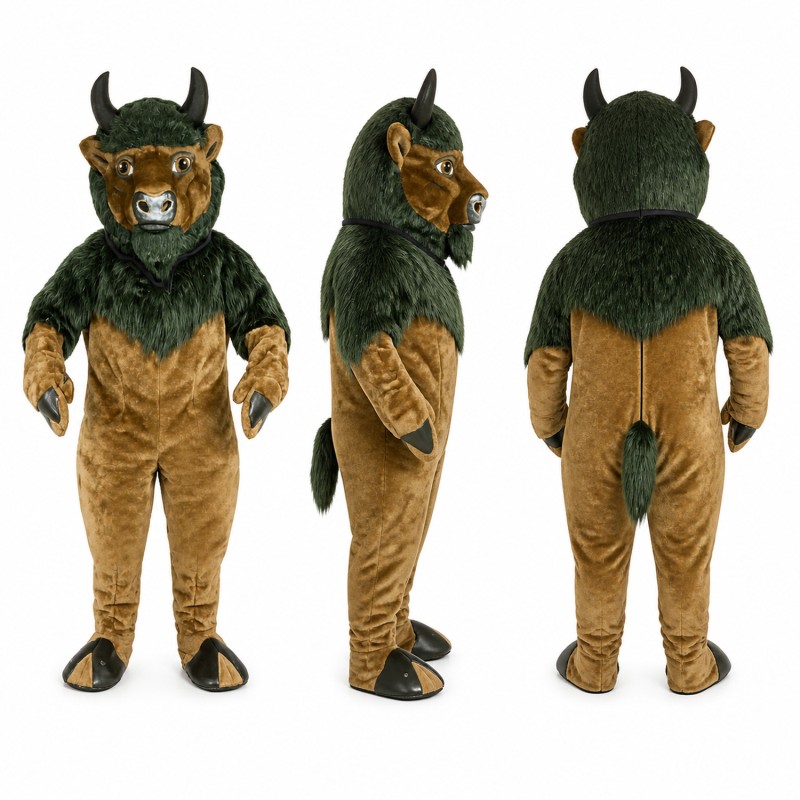 Bull Mascot Costume in Green and Brown with Black Horns Adult