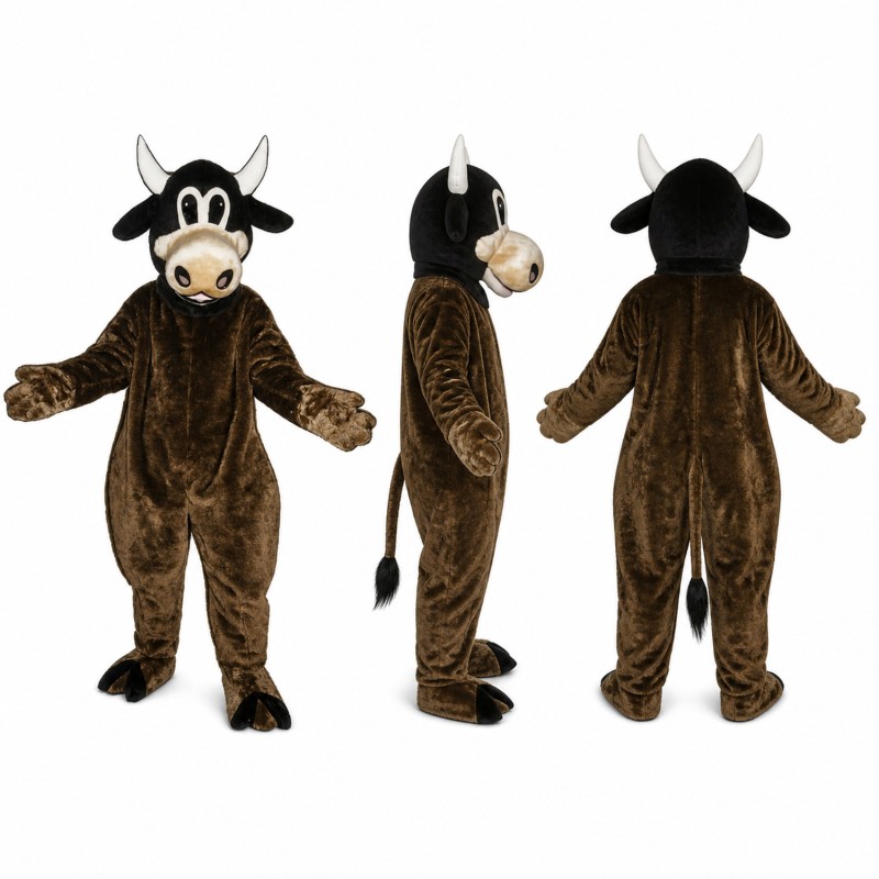 Bull Mascot Costume in Dark Brown with White Face Adult