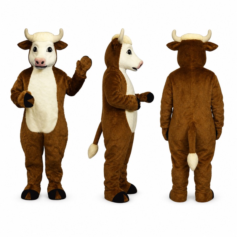 Cow Mascot Costume in Brown and White with Cream Horns Adult