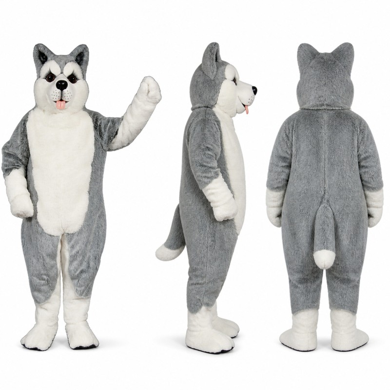 Husky Mascot Costume in Gray and White with Blue Eyes Adult