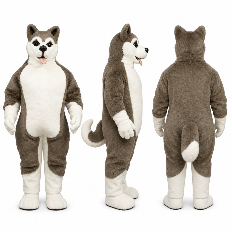 Husky Mascot Costume in Brown and White with Pointed Ears Adult