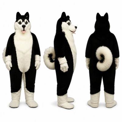 Husky Mascot Costume in Black and White with Pointed Ears Adult