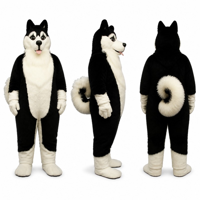 Husky Mascot Costume in Black and White with Pointed Ears Adult