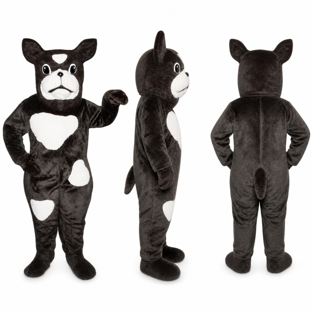 Bulldog Mascot Costume in Black and White with Wrinkled Face Adult