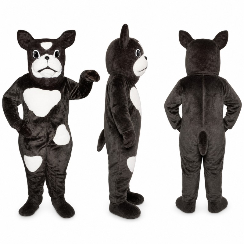 Bulldog Mascot Costume in Black and White with Wrinkled Face Adult