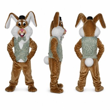 Rabbit Gentleman Mascot Costume in Brown with Green Vest Adult