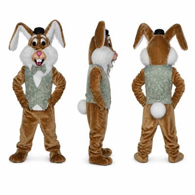 Rabbit Gentleman Mascot Costume in Brown with Green Vest Adult