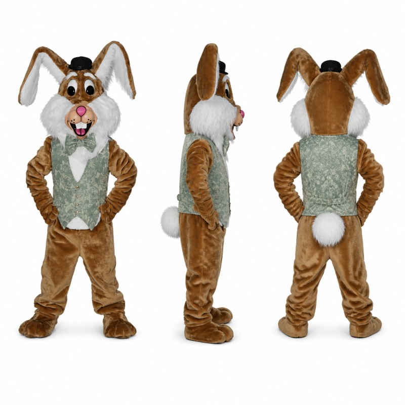 Rabbit Gentleman Mascot Costume in Brown with Green Vest Adult