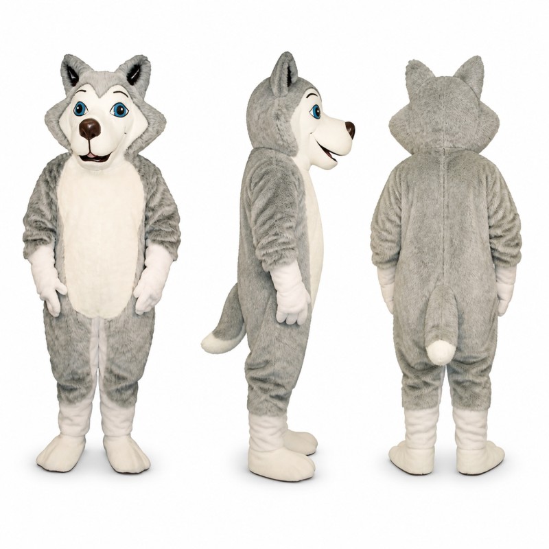 Husky Mascot Costume in Gray and White with Blue Eyes Adult
