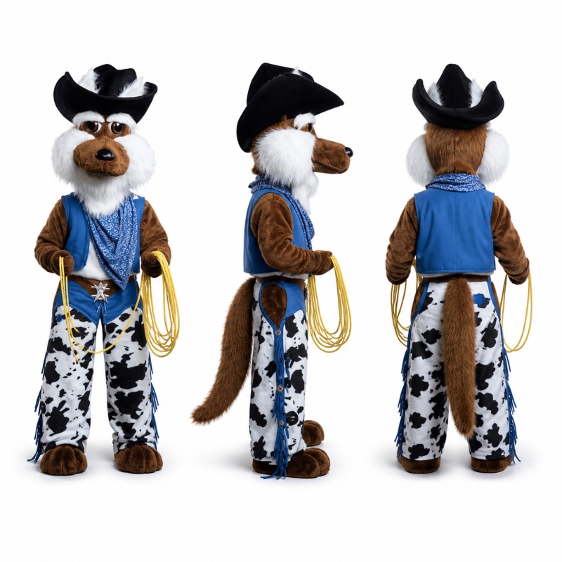 Cowboy Dog Mascot Costume with Black Hat and Cow Print Pants Adult
