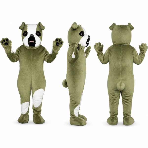 Bulldog Mascot Costume in Green and White with Dark Ears Adult