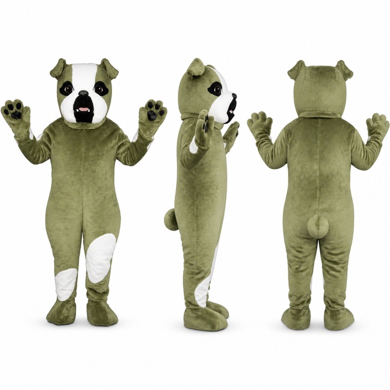 Bulldog Mascot Costume in Green and White with Dark Ears Adult