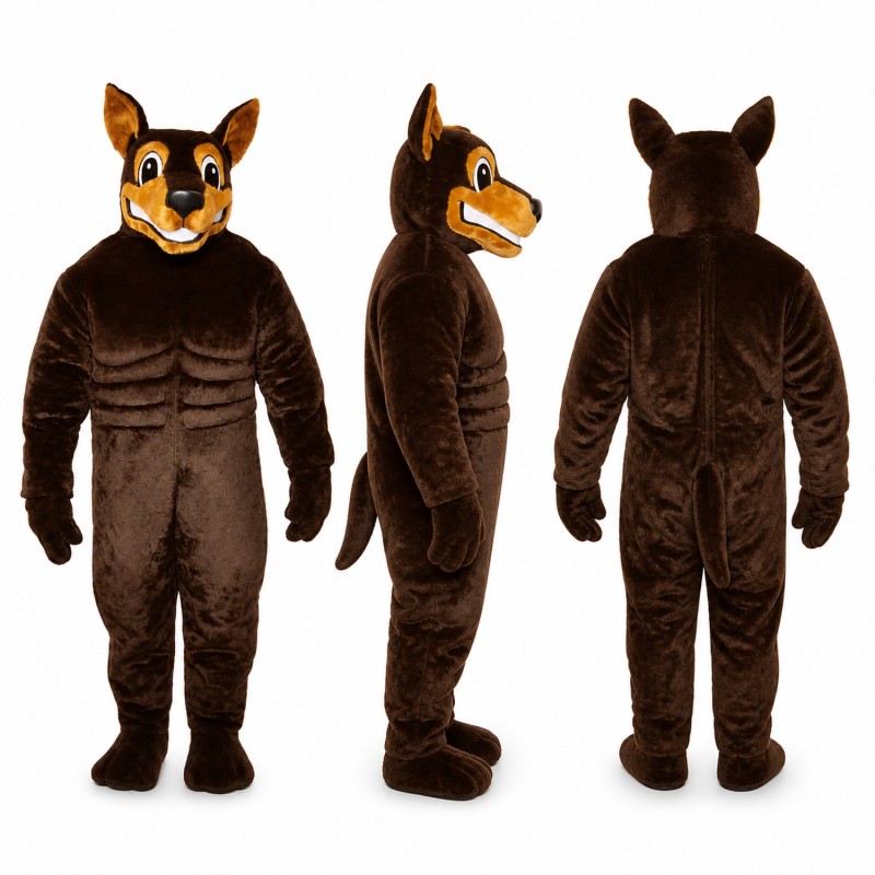 Doberman Mascot Costume in Dark Brown with Pointed Ears Adult