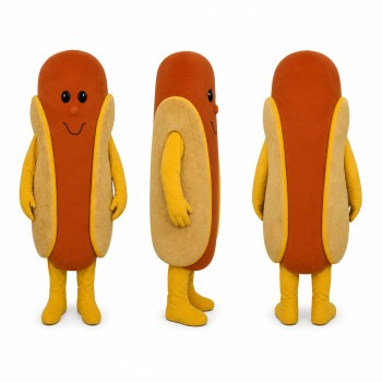 Hot Dog Mascot Costume in Brown and Yellow with Bun Adult