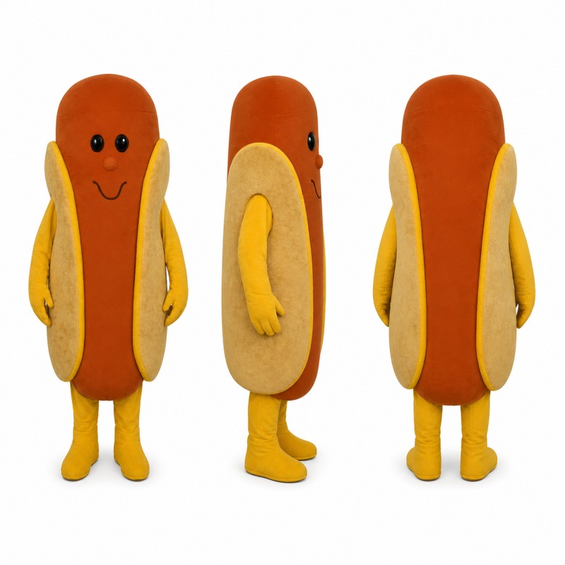 Hot Dog Mascot Costume in Brown and Yellow with Bun Adult