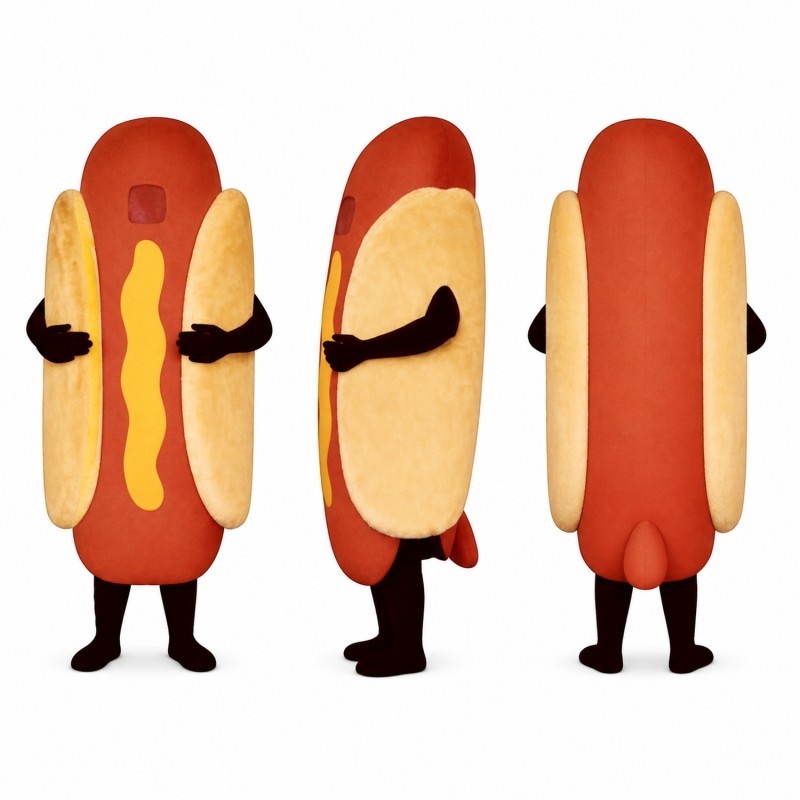 Hot Dog Mascot Costume in Red and Yellow with Bun Adult