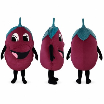 Eggplant Mascot Costume in Purple with Teal Stem Adult
