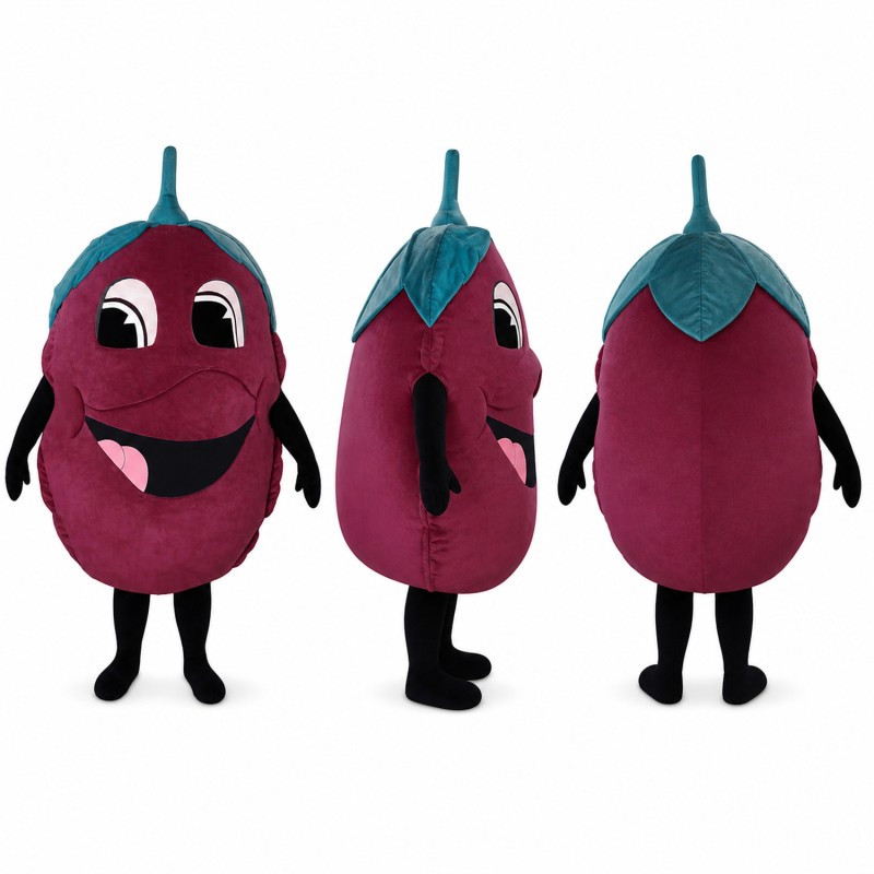 Eggplant Mascot Costume in Purple with Teal Stem Adult