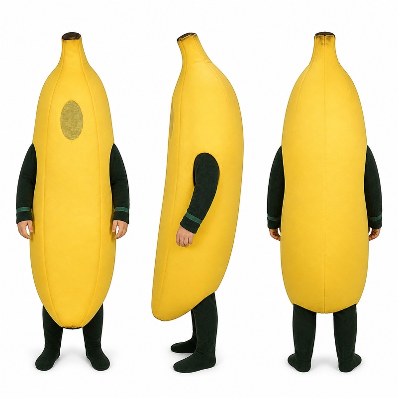 Banana Mascot Costume in Yellow with Green Arms Adult