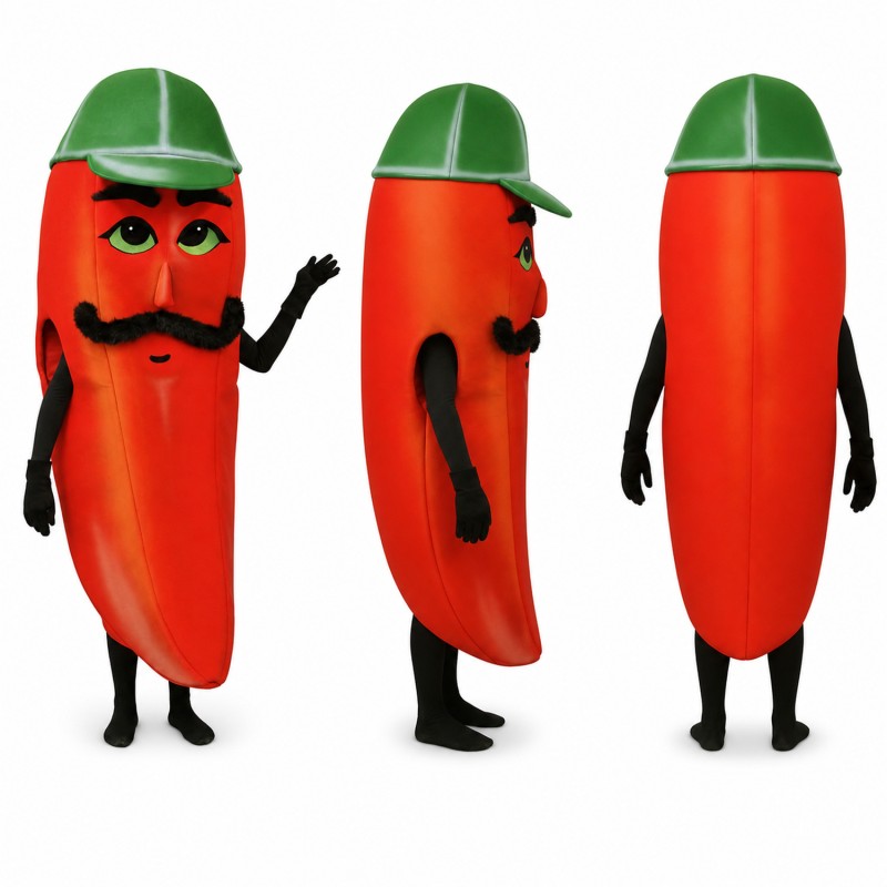 Chili Pepper Mascot Costume in Red with Green Cap and Mustache Adult