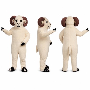 Ram Mascot Costume in White with Brown Curved Horns Adult