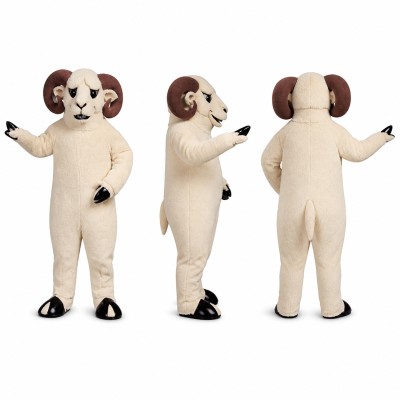 Ram Mascot Costume in White with Brown Curved Horns Adult