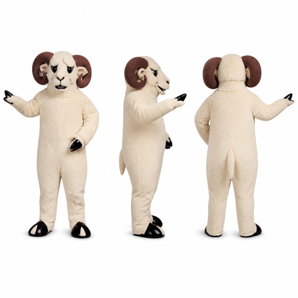 Ram Mascot Costume in White with Brown Curved Horns Adult