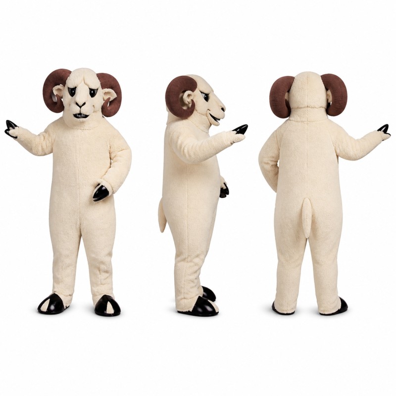 Ram Mascot Costume in White with Brown Curved Horns Adult