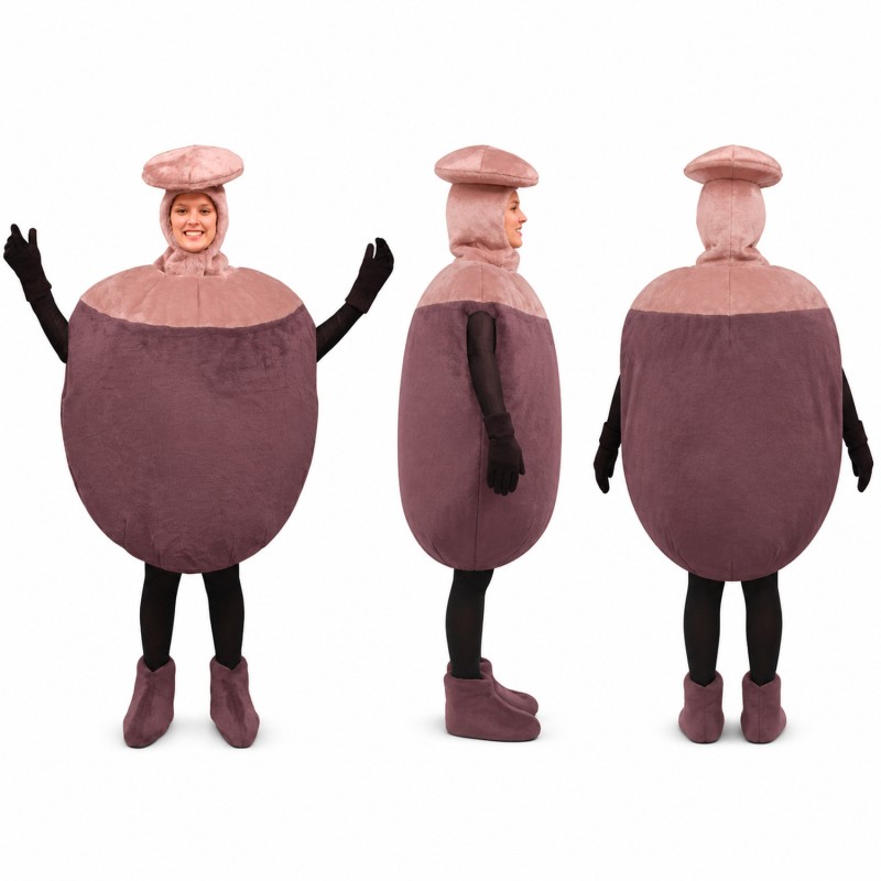 Plum Character Mascot Costume in Dark Purple with Pink Cap Adult