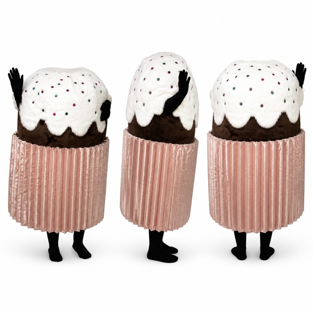 Cupcake Mascot Costume with Pink Wrapper and White Frosting Adult