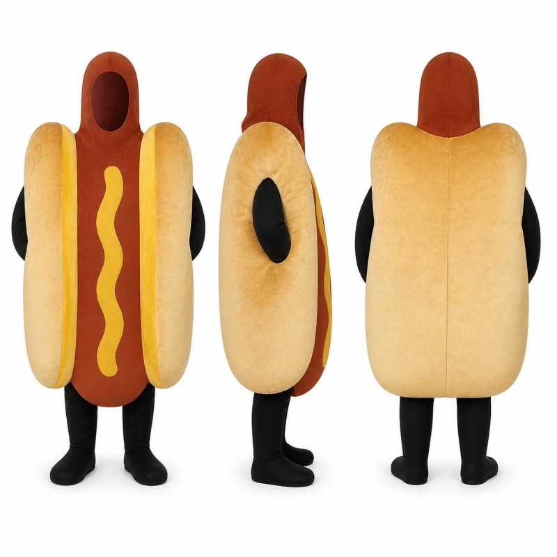Hot Dog Mascot Costume in Red and Yellow with Bun Adult