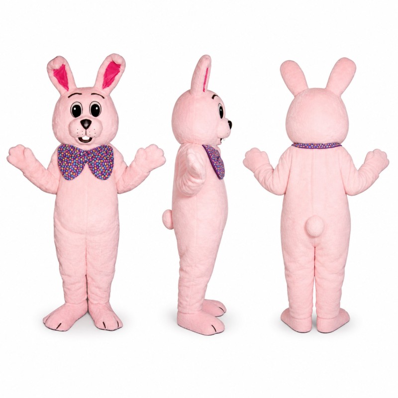 Rabbit Mascot Costume in Pink with Purple Bow Tie Adult