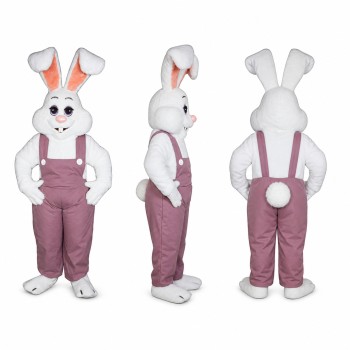 Rabbit Mascot Costume in Gray with Lavender Overalls Adult