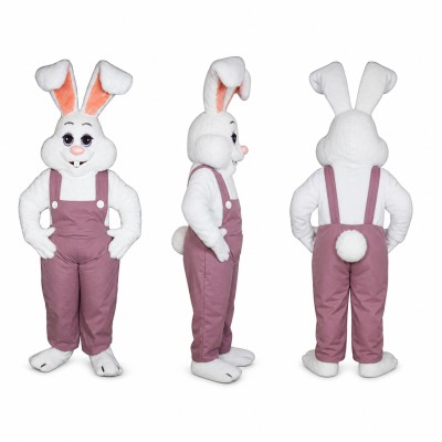 Rabbit Mascot Costume in Gray with Lavender Overalls Adult