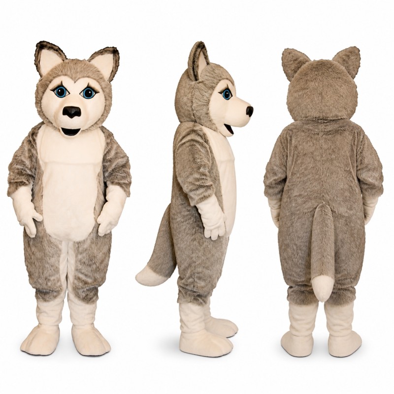Husky Mascot Costume in Gray and White with Blue Eyes Adult