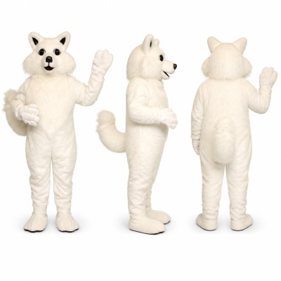 White Fox Mascot Costume with Pointed Ears and Fluffy Tail Adult