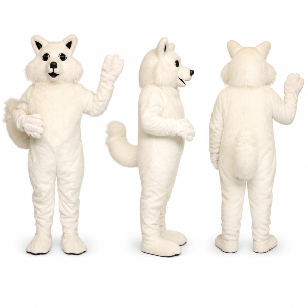 White Fox Mascot Costume with Pointed Ears and Fluffy Tail Adult