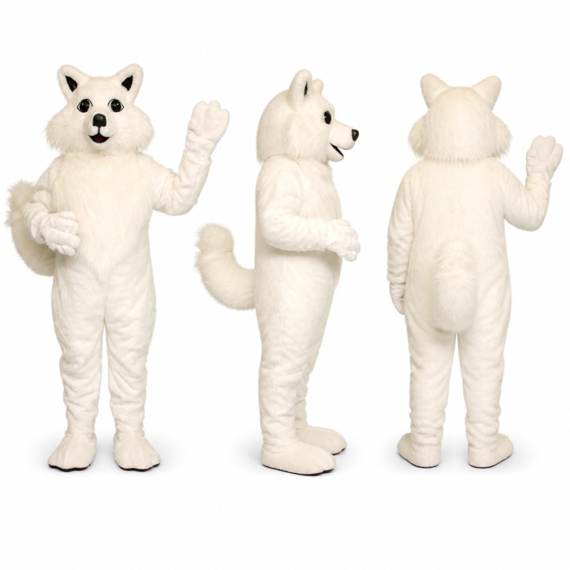 White Fox Mascot Costume with Pointed Ears and Fluffy Tail Adult