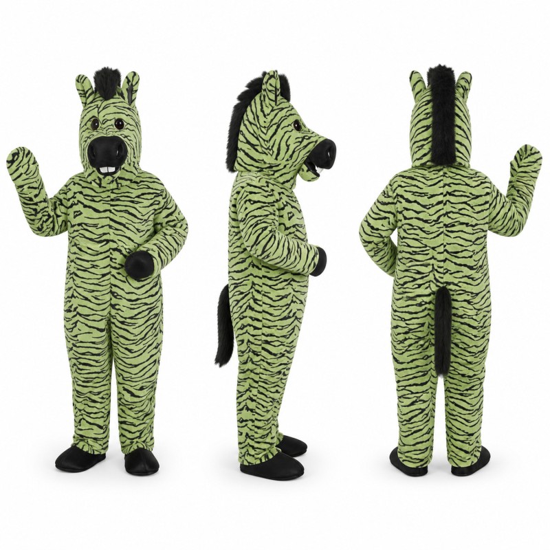 Zebra Mascot Costume in Green with Black Stripes Adult