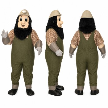 Bearded Farmer Mascot Costume in Olive Overalls with White Hat Adult