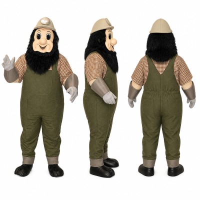 Bearded Farmer Mascot Costume in Olive Overalls with White Hat Adult