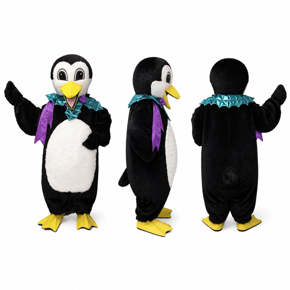 Penguin Gentleman Mascot Costume in Black with Purple and Teal Bow Adult Penguin Gentleman Mascot Costume in Black with Purple and Teal Bow Adult