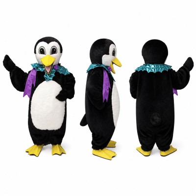Penguin Gentleman Mascot Costume in Black with Purple and Teal Bow Adult