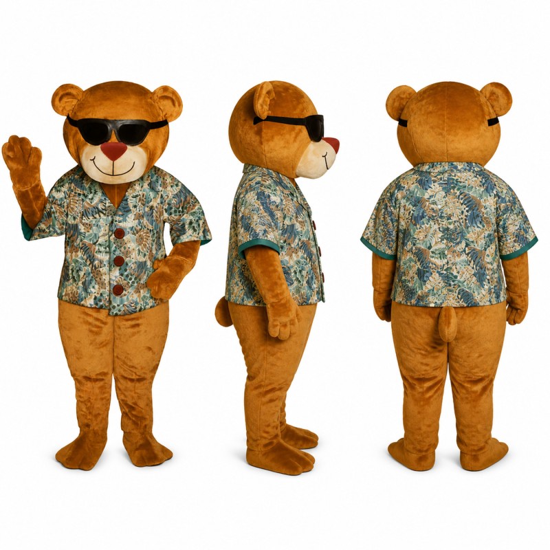 Bear Mascot Costume with Sunglasses and Floral Shirt Adult