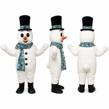 Snowman Mascot Costume in White with Black Top Hat and Blue Scarf Adult