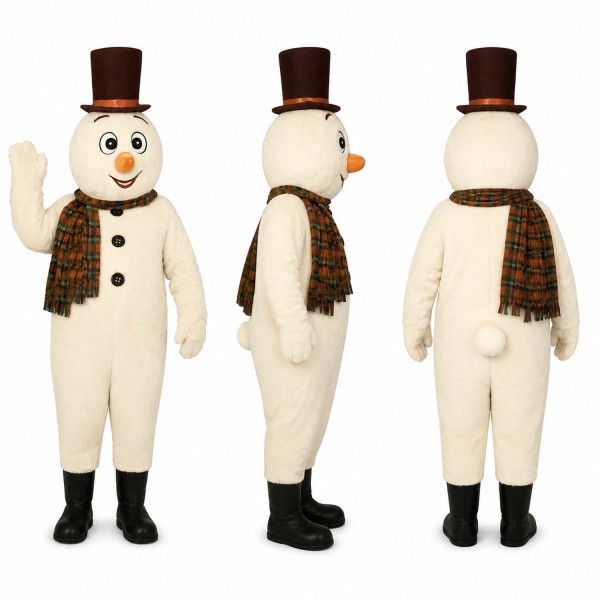 Snowman Mascot Costume in White with Brown Top Hat and Scarf Adult