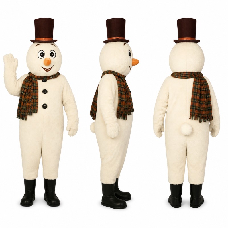 Snowman Mascot Costume in White with Brown Top Hat and Scarf Adult
