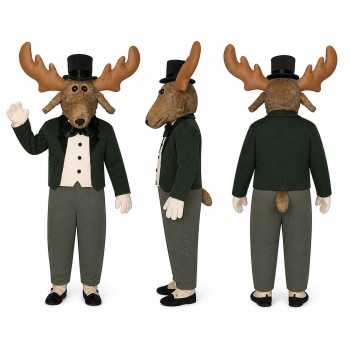 Moose Gentleman Mascot Costume with Black Top Hat and Tuxedo Adult